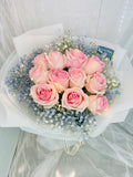粉藍色花束｜ Pink Roses with Blue Babybreath Bouquet